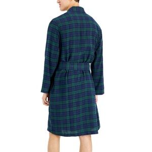 Macy’s Club Room Men's Green & Navy Plaid Flannel Robe one size NWT long sleeve